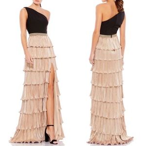 IEENA FOR MAC DUGGAL One Shoulder Layered Black Gold Metallic Ruffle Gown